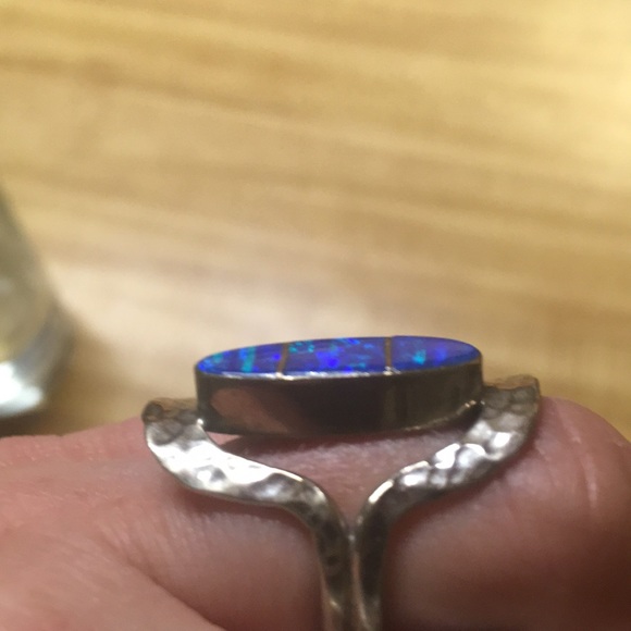 Aqua inlay size 7 fire opal hammered silver ring Taxco NWOT - Picture 3 of 7